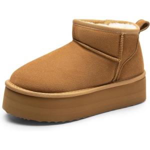 DREAM PAIRS Bottes de Neige pour Femmes Classiques Botte de Hiver Confortable et Chaud Mini-Bottes à Plateforme FuzzyClassic(Châtaigne)