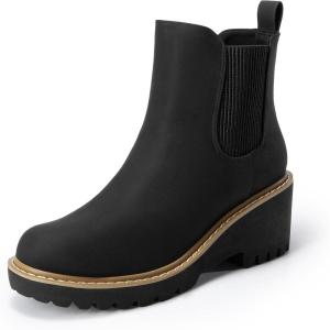 DREAM PAIRS Bottines Chelsea Femme à Talon Compensé Bas, Bottes Plateforme Confortables Bout Rond, Style Slip-On Facile à Enfiler(Noir Nubuck)