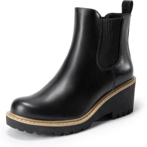 DREAM PAIRS Bottines Chelsea Femme à Talon Compensé Bas, Bottes Plateforme Confortables Bout Rond, Style Slip-On Facile à Enfiler(Noir Pu)