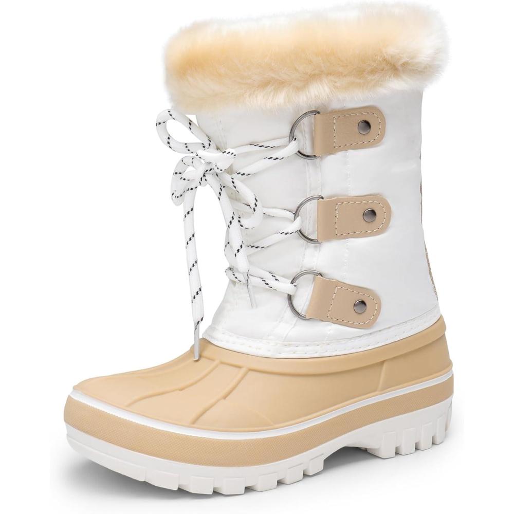 imageDREAM PAIRS KIDS Bottes de Neige pour Enfants Chaudes et Confortable Bottes de Hiver Antidrapante avec Coque ImpermableBeige Blanc