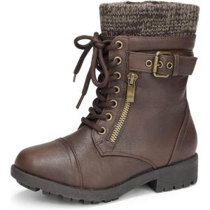 DREAM PAIRS Bottes de Combat Fille avec Fermeture Éclair Latérale, Lacets Ajustables et Doublure Chaude en Fausse Fourrure et Semelle Antidérapante(Brun)