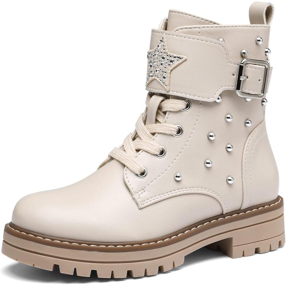 imageDREAM PAIRS KIDS Bottes pour Filles Elgantes Bottes  MiMollet avec une Tige ClouteBeige Pu