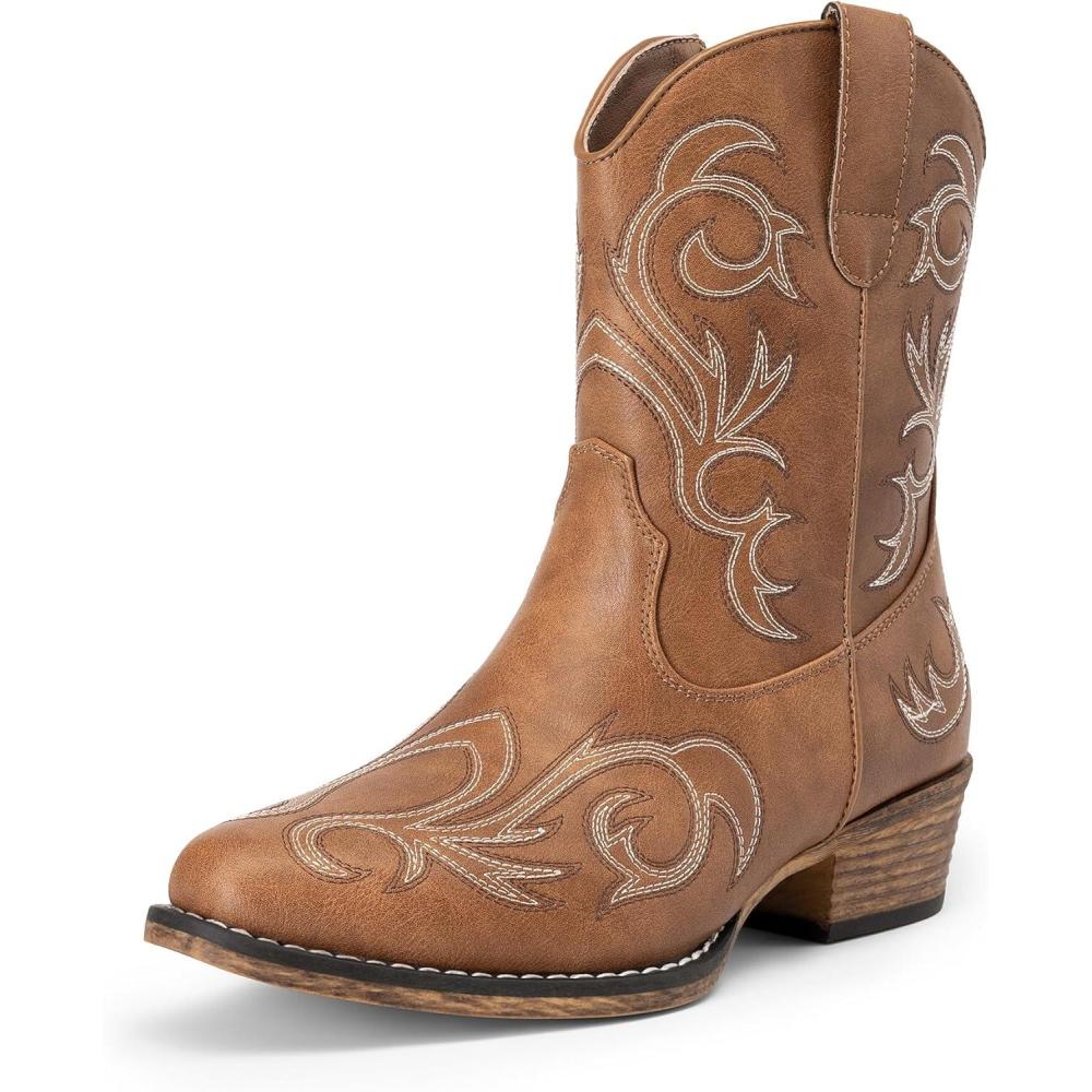 imageDREAM PAIRS Bottes Femme Western Courtes Bottines Cowboy Cowgirl avec Broderie Bout Carr Talon Large Mode Fermeture clairBronzer