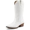 DREAM PAIRS Bottes de cowboy mi-mollet pour femme – Bout carré – Talon épais – Broderie – Bottes western(Blanc)