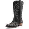 DREAM PAIRS Bottes de cowboy mi-mollet pour femme – Bout carré – Talon épais – Broderie – Bottes western(Noir)