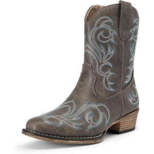 DREAM PAIRS Bottes Femme Western Courtes, Bottines Cowboy Cowgirl avec Broderie, Bout Carré, Talon Large, Mode à Fermeture Éclair(Brun)