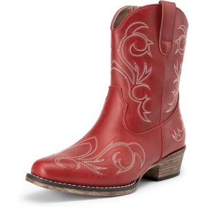 DREAM PAIRS Bottes Femme Western Courtes, Bottines Cowboy Cowgirl avec Broderie, Bout Carré, Talon Large, Mode à Fermeture Éclair(Rouge)