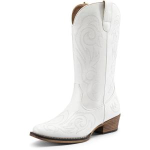 DREAM PAIRS Bottes de cowboy mi-mollet pour femme – Bout carré – Talon épais – Broderie – Bottes western(Blanc)
