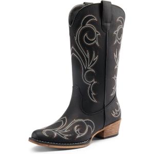 DREAM PAIRS Bottes de cowboy mi-mollet pour femme – Bout carré – Talon épais – Broderie – Bottes western(Noir)