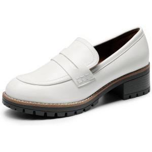 DREAM PAIRS Mocassin Femme Chaussures Plates Confortable avec Talon Mi-Haut Porter à Enfiler Mocassins Loafer(Blanc Pu)