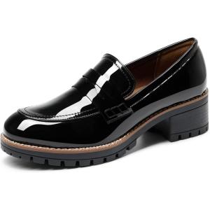 DREAM PAIRS Mocassin Femme Chaussures Plates Confortable avec Talon Mi-Haut Porter à Enfiler Mocassins Loafer(Noir Pat)