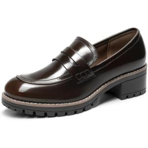 DREAM PAIRS Mocassin Femme Chaussures Plates Confortable avec Talon Mi-Haut Porter à Enfiler Mocassins Loafer(Pu Marron)